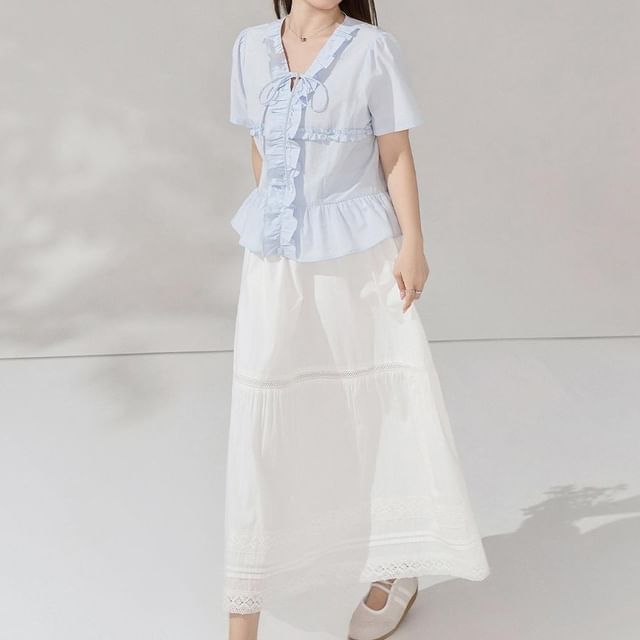 V-Neck Ruffled Blouse and Midi Skirt