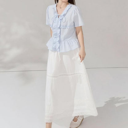 V-Neck Ruffled Blouse and Midi Skirt