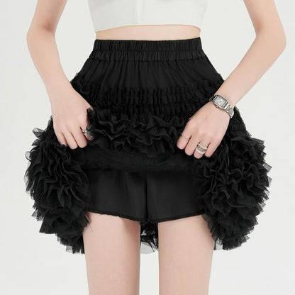 Elastic Waist Plain Frill Tiered Mesh Mini A-Line Skirt