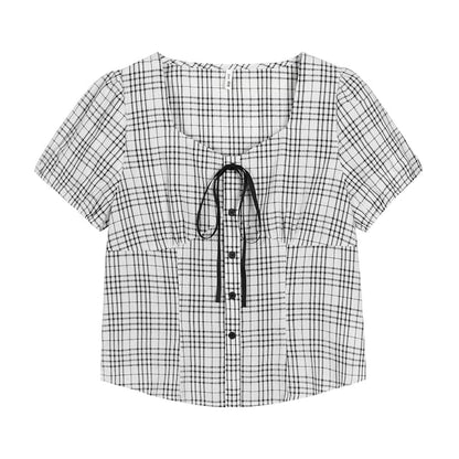 Square Neck Plaid Crop Blouse