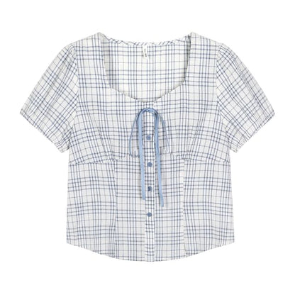 Square Neck Plaid Crop Blouse
