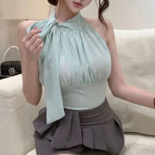 Sleeveless Tie Neck Plain Gathered Top / Camisole Top / High Waist Plain Pleated Peplum Mini Pencil Skirt / Set