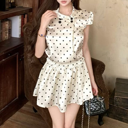 Cap Sleeve Collared Polka Dot Double Breasted Satin Blouse / High Waist Mini A-Line Skirt