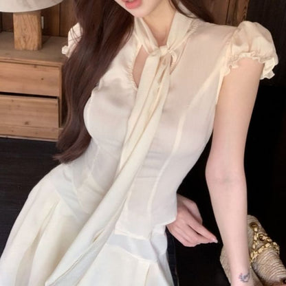 Cap Sleeve Tie Neck Plain Blouse / High Waist Panel Mini A-Line Skirt