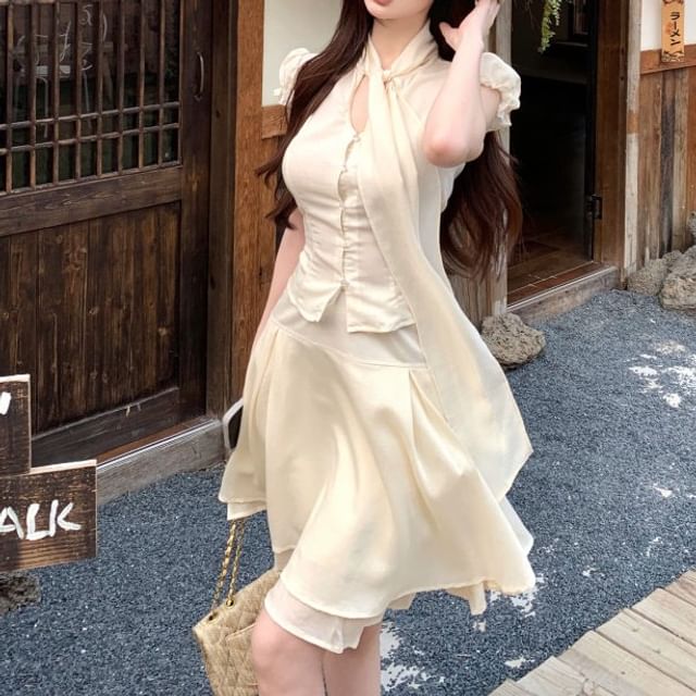Cap Sleeve Tie Neck Plain Blouse / High Waist Panel Mini A-Line Skirt