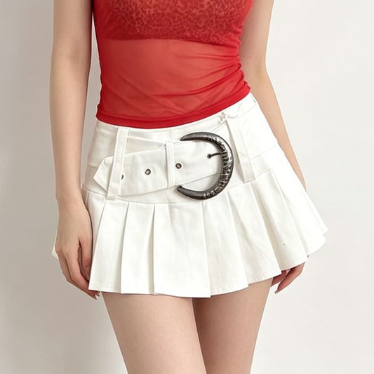 Set: Low Rise Plain Pleated Mini A-Line Skirt + Belt