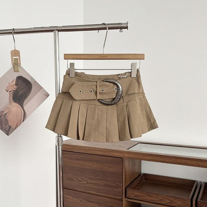 Set: Low Rise Plain Pleated Mini A-Line Skirt + Belt