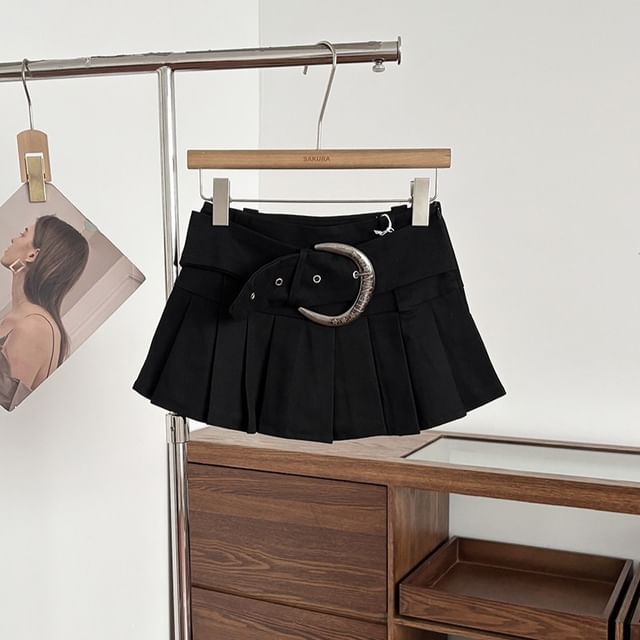 Set: Low Rise Plain Pleated Mini A-Line Skirt + Belt