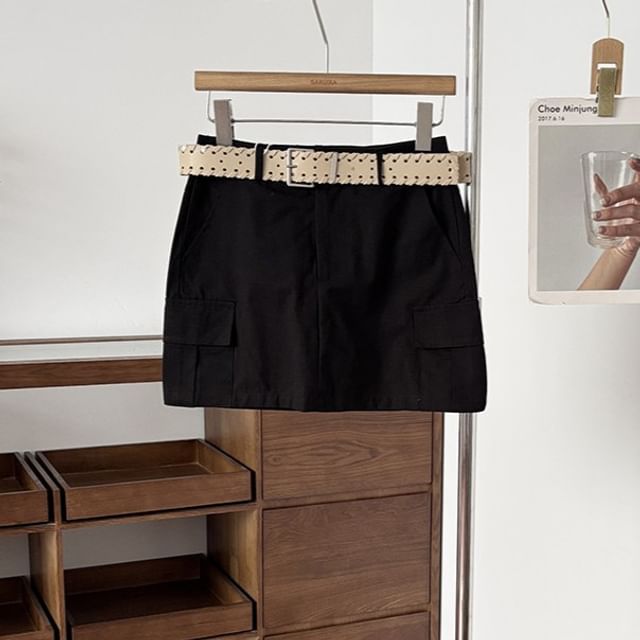 Set: High Waist Plain Mini Pencil Cargo Skirt + Belt