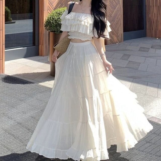 Short-Sleeve Off-Shoulder Plain Tiered Ruffle Crop Top / High Waist Maxi A-Line Skirt