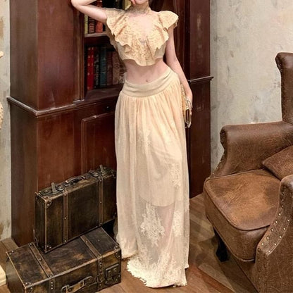 Cap-Sleeve Mock Neck Ruffle Trim Lace Crop Top / Mid Rise Maxi A-Line Skirt