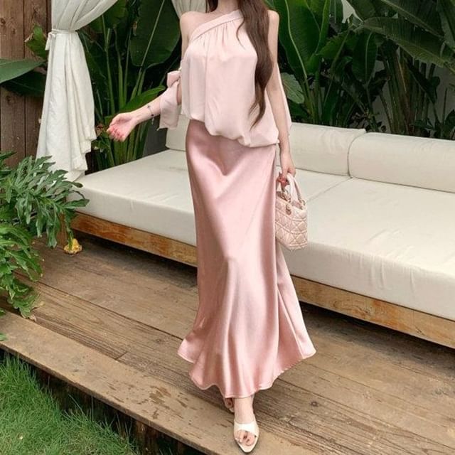 Off-Shoulder Plain Asymmetrical Top / High Waist Satin Mini Pencil Skirt / Maxi Mermaid Skirt
