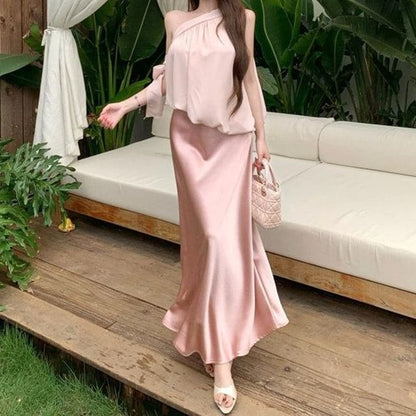 Off-Shoulder Plain Asymmetrical Top / High Waist Satin Mini Pencil Skirt / Maxi Mermaid Skirt