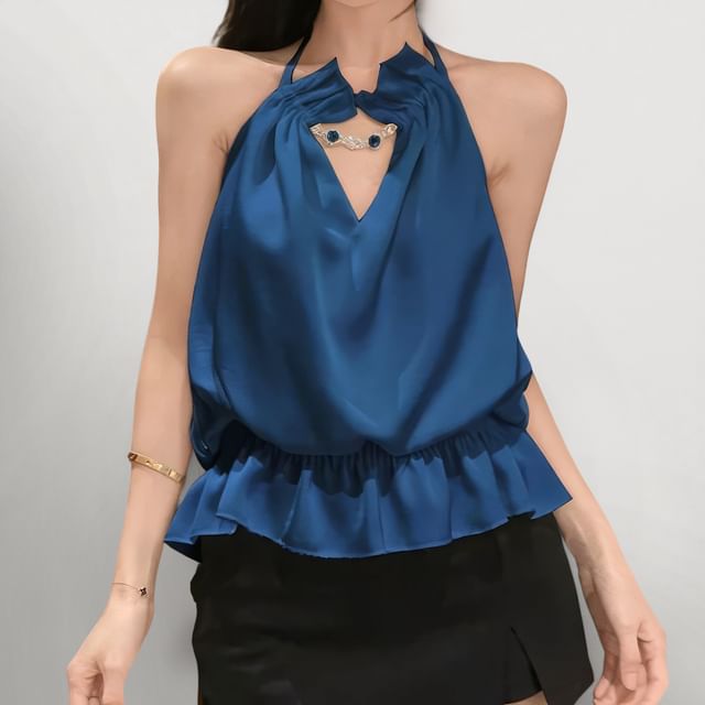Halter Rhinestone Chain Ruffle Camisole Top