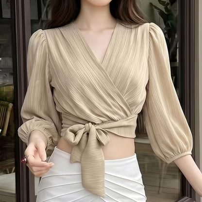 3/4 Sleeve Tie-Waist Crop Top