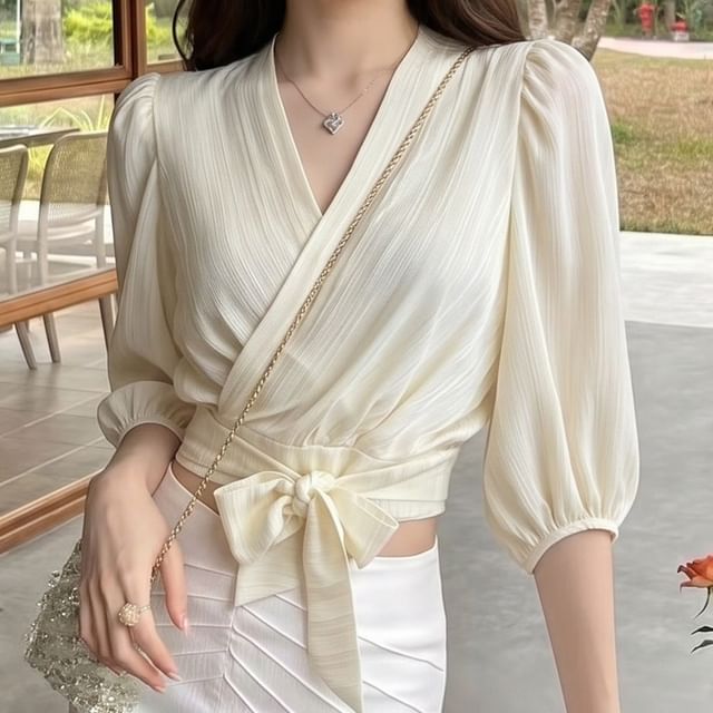 3/4 Sleeve Tie-Waist Crop Top