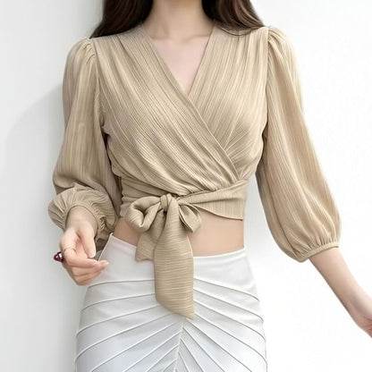 3/4 Sleeve Tie-Waist Crop Top