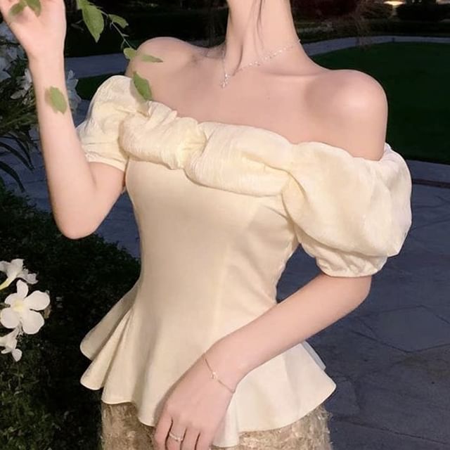Cropped Off-Shoulder Peplum Blouse with Lace Trim