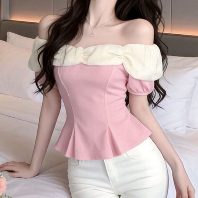 Cropped Off-Shoulder Peplum Blouse with Lace Trim