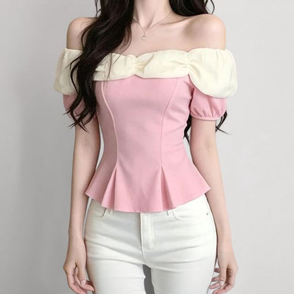 Cropped Off-Shoulder Peplum Blouse with Lace Trim