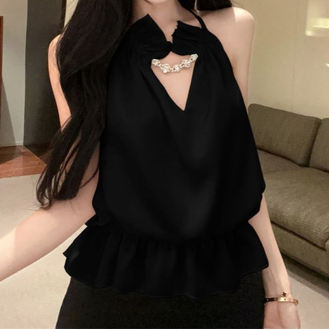 Halter Rhinestone Chain Ruffle Camisole Top