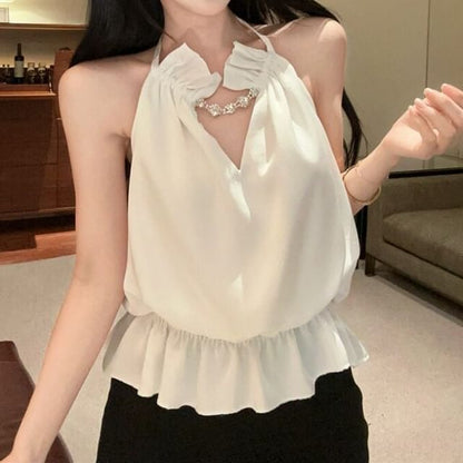 Halter Rhinestone Chain Ruffle Camisole Top