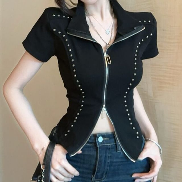Stand Collar Zip Studded Short Sleeve Blouse