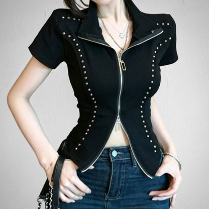 Stand Collar Zip Studded Short Sleeve Blouse