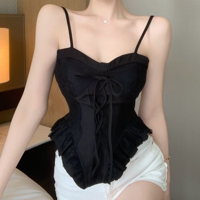 Lace-Up Ruffle Camisole Top with Panel Detail