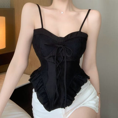 Lace-Up Ruffle Camisole Top with Panel Detail