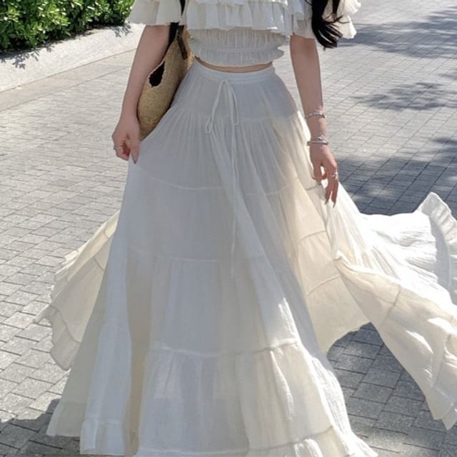 Short-Sleeve Off-Shoulder Plain Tiered Ruffle Crop Top / High Waist Maxi A-Line Skirt