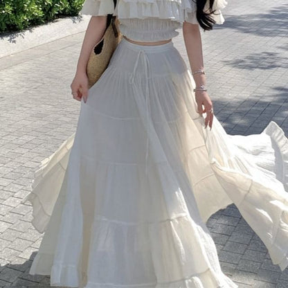 Short-Sleeve Off-Shoulder Plain Tiered Ruffle Crop Top / High Waist Maxi A-Line Skirt