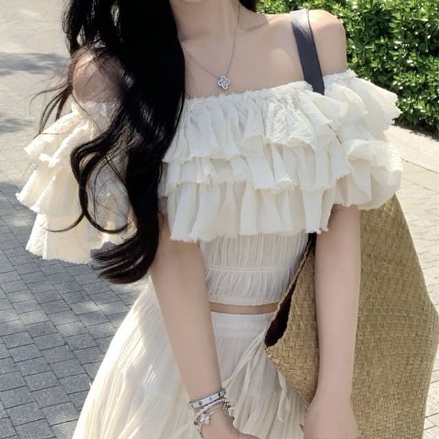 Short-Sleeve Off-Shoulder Plain Tiered Ruffle Crop Top / High Waist Maxi A-Line Skirt