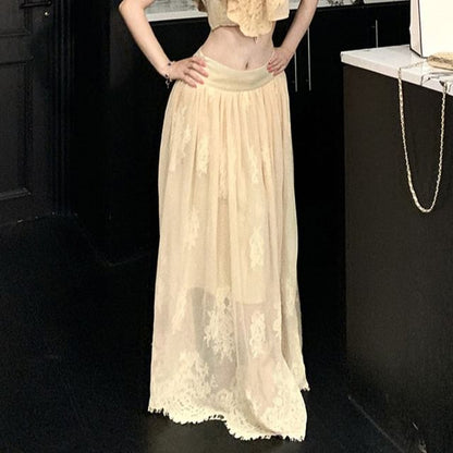 Cap-Sleeve Mock Neck Ruffle Trim Lace Crop Top / Mid Rise Maxi A-Line Skirt