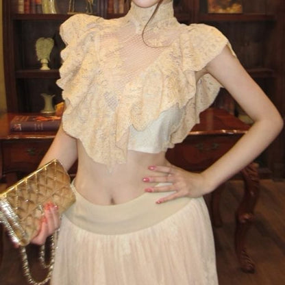 Cap-Sleeve Mock Neck Ruffle Trim Lace Crop Top / Mid Rise Maxi A-Line Skirt