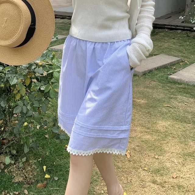 Elastic Waist Striped Lace Trim A-Line Skirt