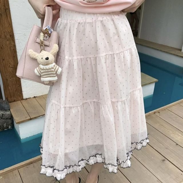 High Waist Dotted Tiered Ruffle Mesh Midi A-Line Skirt