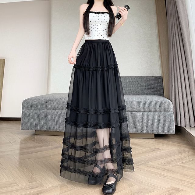 High Waist Plain Ruffle Tiered Mesh Maxi A-Line Skirt