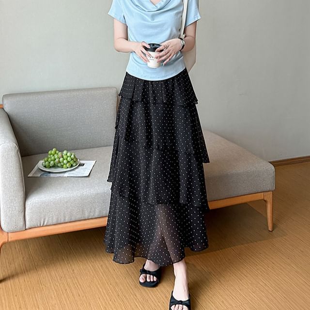 High Waist Dotted Tiered Maxi A-Line Skirt