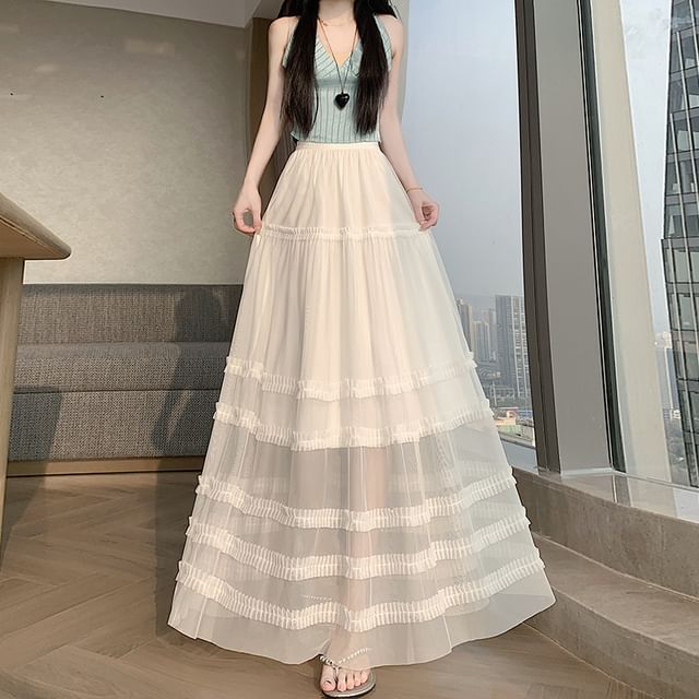 High Waist Plain Ruffle Tiered Mesh Maxi A-Line Skirt