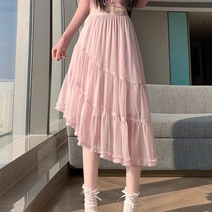 High Waist Plain Asymmetrical Tiered Frill Mesh Midi A-Line Skirt