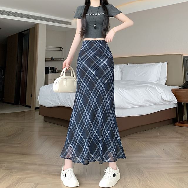 Mid Waist Plaid Maxi Mermaid Skirt