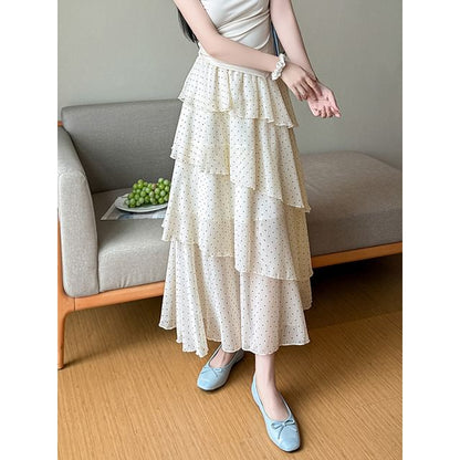 High Waist Dotted Tiered Maxi A-Line Skirt