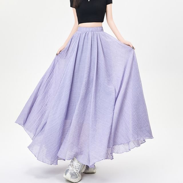 Elastic Waist Plain Maxi A-Line Skirt