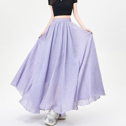 Elastic Waist Plain Maxi A-Line Skirt