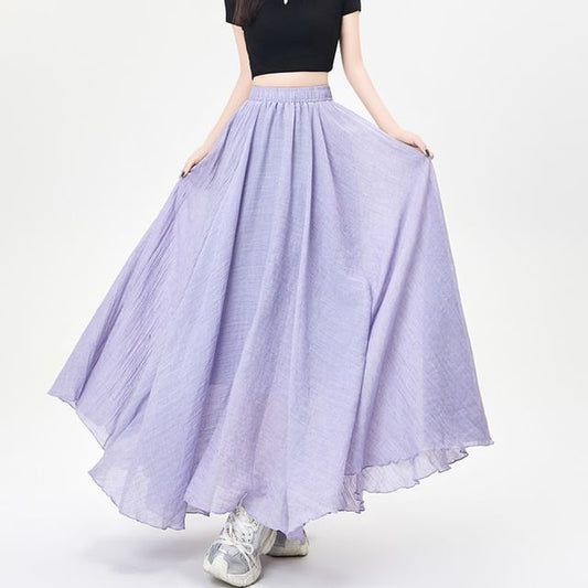 Elastic Waist Plain Maxi A-Line Skirt