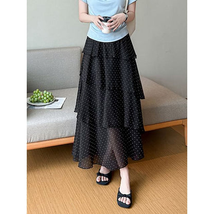 High Waist Dotted Tiered Maxi A-Line Skirt