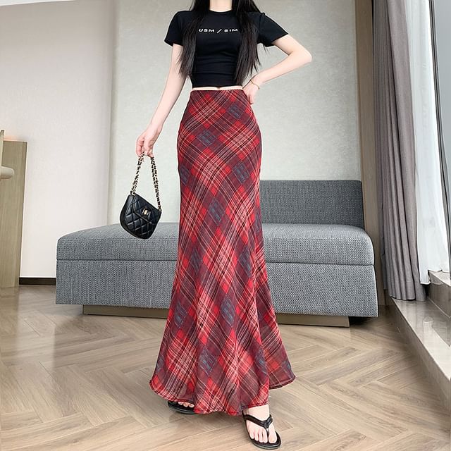 Mid Waist Plaid Maxi Mermaid Skirt