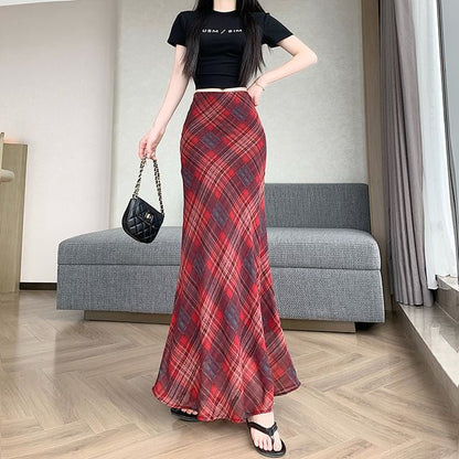 Mid Waist Plaid Maxi Mermaid Skirt