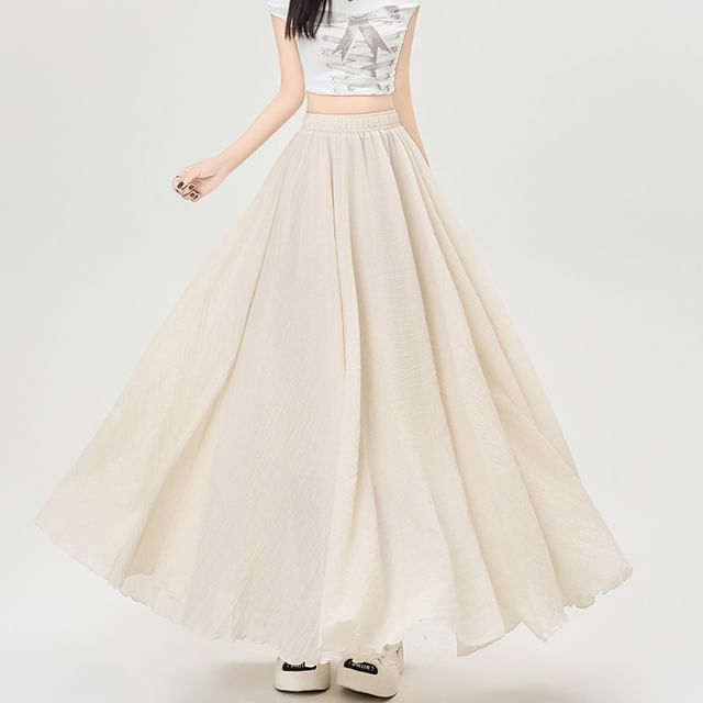 Elastic Waist Plain Maxi A-Line Skirt